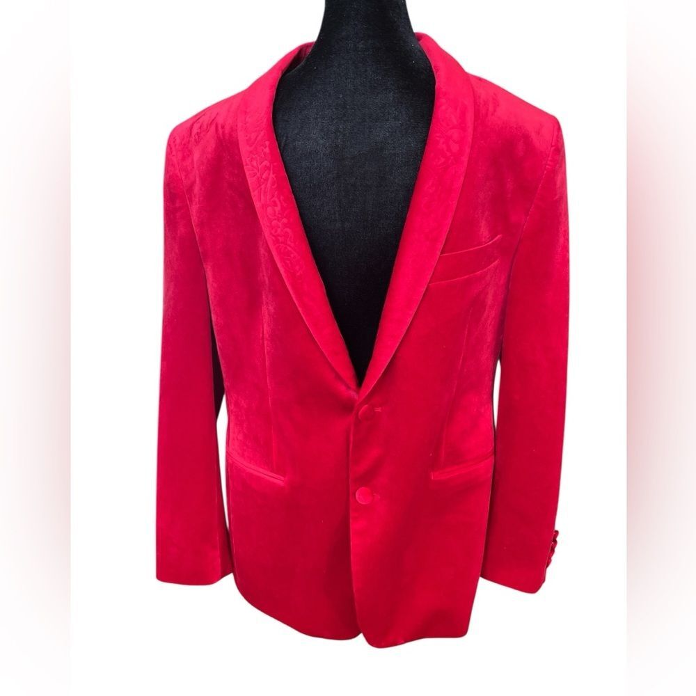Red Velvet Blazer 42L 2 Button Fabric-Covered Closure Floral Lapel